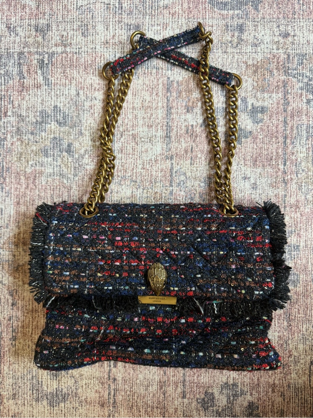 Kurt Geiger Black Multicolor Tweed Chain-Handle Shoulder Bag